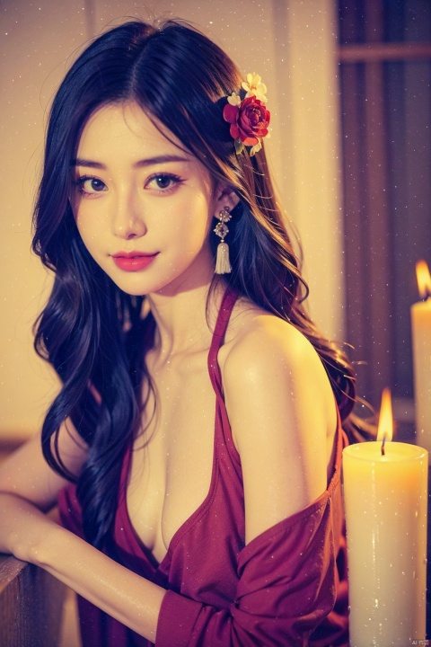 1girl,chinese hanfu,Bare shoulder, Lying on the ground,smile,Holding a big candle, Melting candles dripping onto the body,hair ornament,solo,flower,hair flower,candle,earrings,jewelry,black hair,black eyes,blurry,lips,red lips,looking at viewer,tassel,depth of field,makeup,realistic,(red_clothes:1.3),chinese clothes,