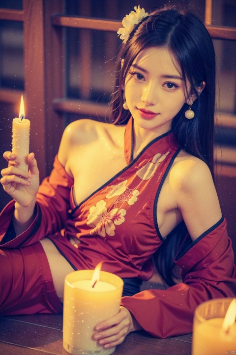 1girl,chinese hanfu,Bare shoulder, Lying on the ground,smile,Holding a big candle, Melting candles dripping onto the body,hair ornament,solo,flower,hair flower,candle,earrings,jewelry,black hair,black eyes,blurry,lips,red lips,looking at viewer,tassel,depth of field,makeup,realistic,(red_clothes:1.3),chinese clothes,