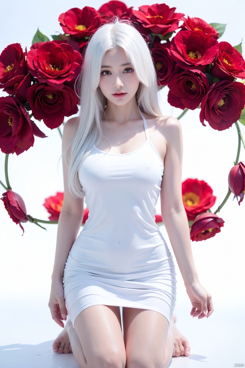  1girl,red eyes,white long translucent night gown,expressionless,(white hair),hair cover one eye,long hair,red hair flower,kneeling on lake,blood,(plenty of red petals:1.05),(white background:1.2),