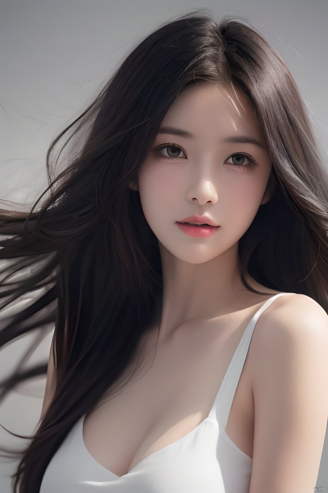  masterpiece, best quality, 1girl ,(( grey background)), long hair, floating hair,looking at viewers, happy, ((front)), (studio light),upper body,soft light, black and white,dark style, summer,