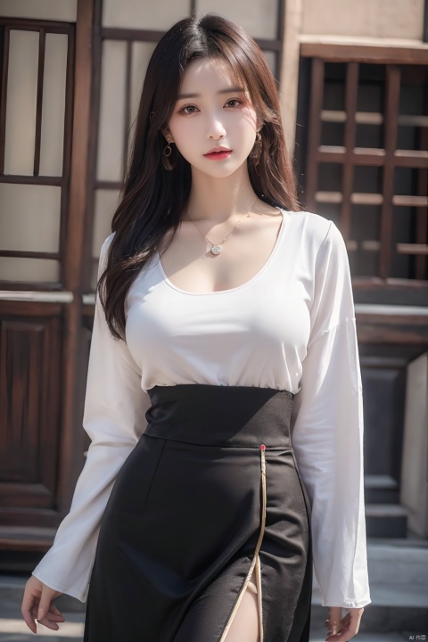 (photorealistic, best quality, ultra high res, extremely detailed eyes and face:1.3),(1girl, solo:1.3),skirt,jewelry,long_hair,necklace,earrings,perfect body,standing,large breasts,looking at viewer,chinese clothes,china dress,hanfu,