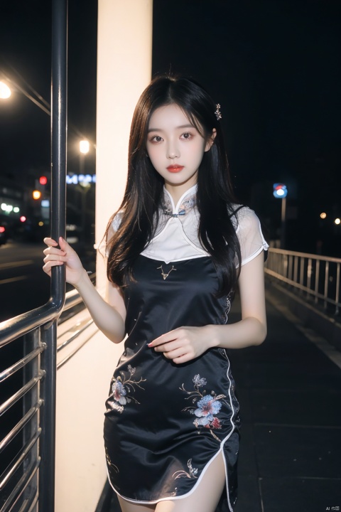 best quality,HDR,UHD,8K,Vivid Colors,solo,photo_(medium),pov,cute & girly,(night:1.4),(looking at viewer:1.5),city lights,street,, rc,chinese dress,print dress,capelet, , lau