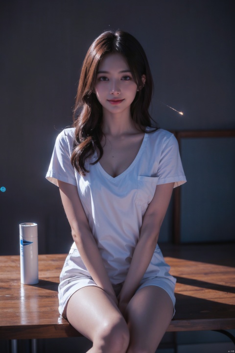 ((Best Quality)),ultra fine,4k,1girl,nurse uniform,red light particle skin,light particle coverage,sitting on the table,smiling at the camera's hook hand,big chest,one leg pressed on the other leg,one hand supported on the table,and the other hand extended towards the light particle particle,light particles covering the body,Light Particle Art,Light particle effects Light particle skin,Light particle energy fluid,Light particles covering the body,Light Particle Art,Light particle effects,1girl,Colorful Girl,