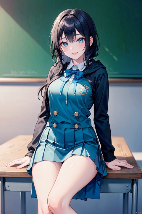  1 girl, Asian, long black hair, fuzzy, fuzzy background, color difference, depth of field, blue and white school uniform, hoodie, lips, long sleeves, looking at the audience, photo (center) , real, sitting in the classroom, blackboard, desk, book, Smile, Solo, solo, 1girl,moyou