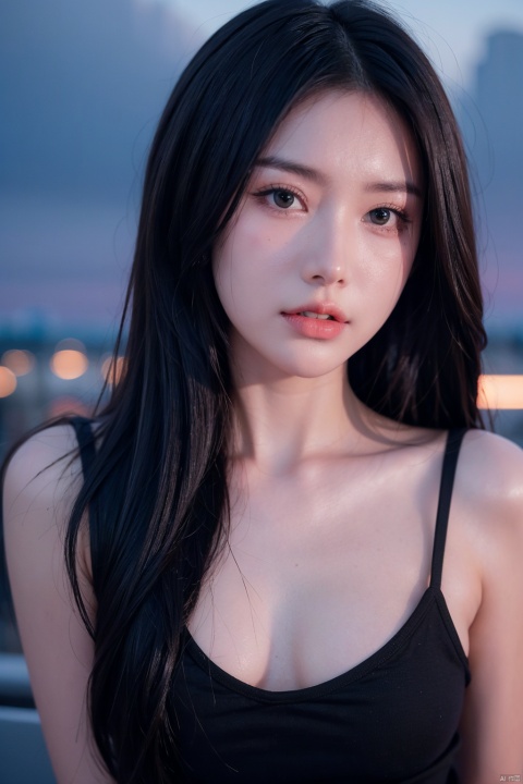Frontal photography,Look front,evening,dark clouds,the setting sun,On the city rooftop,A 20 year old female,Black top,Black Leggings,black hair,long hair, dark theme, muted tones, pastel colors, high contrast, (natural skin texture, A dim light, high clarity) ((sky background))((Facial highlights)),