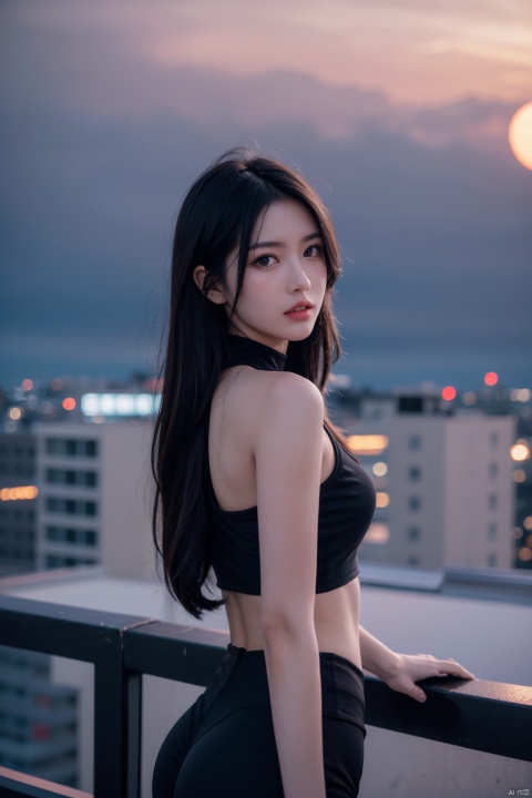 Frontal photography,Look front,evening,dark clouds,the setting sun,On the city rooftop,A 20 year old female,Black top,Black Leggings,black hair,long hair, dark theme, muted tones, pastel colors, high contrast, (natural skin texture, A dim light, high clarity) ((sky background))((Facial highlights)),