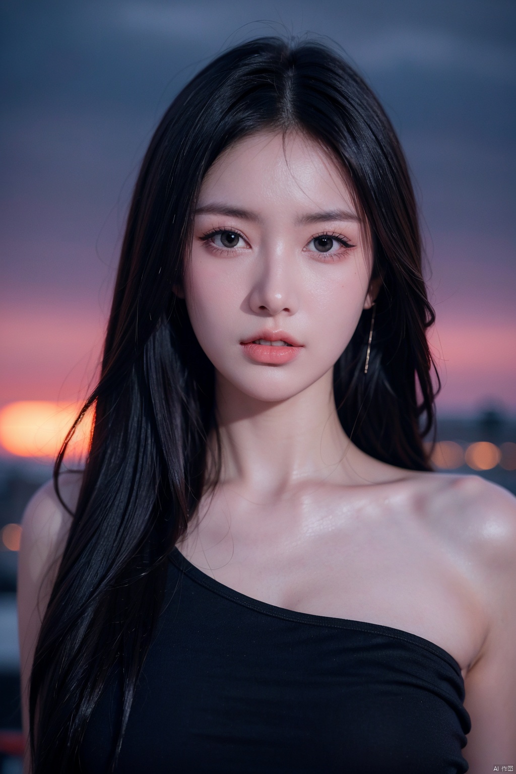 Frontal photography,Look front,evening,dark clouds,the setting sun,On the city rooftop,A 20 year old female,Black top,Black Leggings,black hair,long hair, dark theme, muted tones, pastel colors, high contrast, (natural skin texture, A dim light, high clarity) ((sky background))((Facial highlights)),