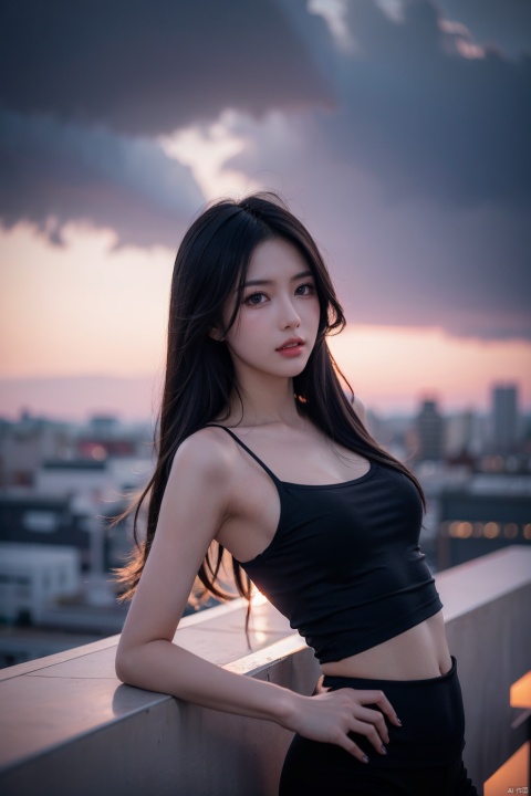 Frontal photography,Look front,evening,dark clouds,the setting sun,On the city rooftop,A 20 year old female,Black top,Black Leggings,black hair,long hair, dark theme, muted tones, pastel colors, high contrast, (natural skin texture, A dim light, high clarity) ((sky background))((Facial highlights)),