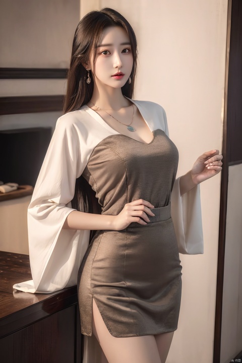 (photorealistic, best quality, ultra high res, extremely detailed eyes and face:1.3),(1girl, solo:1.3),skirt,jewelry,long_hair,necklace,earrings,perfect body,standing,large breasts,looking at viewer,chinese clothes,china dress,hanfu,