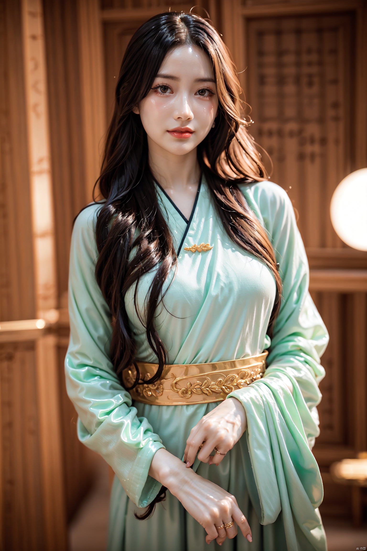  girlvn01, 1girl, hanfu, smile, Stunningly Beautiful girl, Haute_Couture, designer dress, wearing Haute_Couture, posing for a picture, fashion show, long shaped face, dark red eyes, sandy blonde side-wept hair, long hair, long ringlets, catwalk aesthetic, details, highest, amazing,