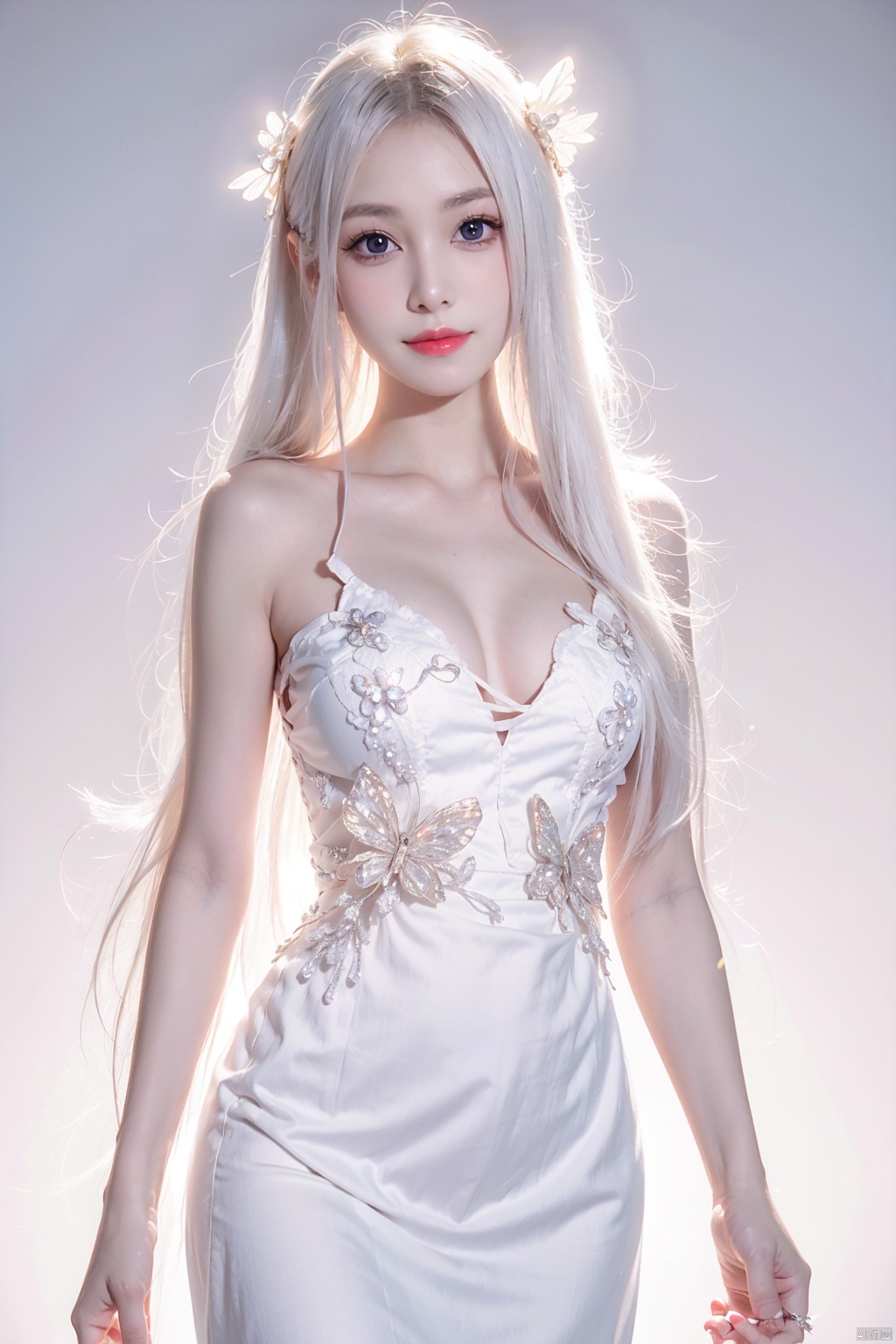  Masterpiece,  8k, best quality, minimalism,
A girl with long white hair, closed mouth smile, butterfly, female focus, sexy figure, solo, crystal, white dress,duck,1girl