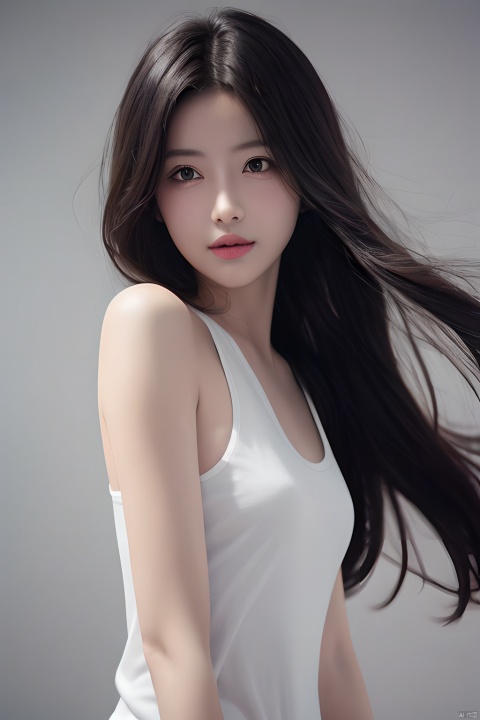  masterpiece, best quality, 1girl ,(( grey background)), long hair, floating hair,looking at viewers, happy, ((front)), (studio light),upper body,soft light, black and white,dark style, summer,