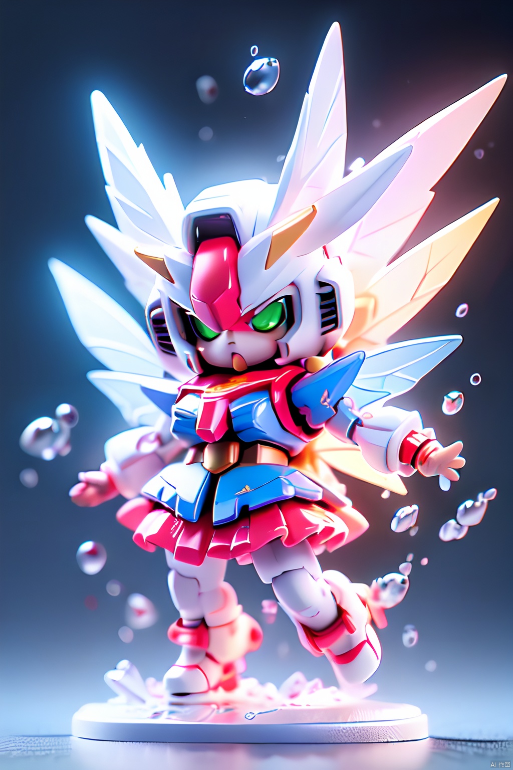 gdsj,mecha,no humans,robot,v-fin,green eyes,solo,glowing,mobile suit,glowing eyes,letterboxed,science fiction,looking at viewer,wings,clenched hands,bubble,(Full body photo),1 Transparent cute fairy,Fantasy glow,clean,white background,(Raytracing, HDR, Reasonable design, High detail, Masterpiece, Best quality, Ultra HD),light pink skirt,dull polish,3D render,