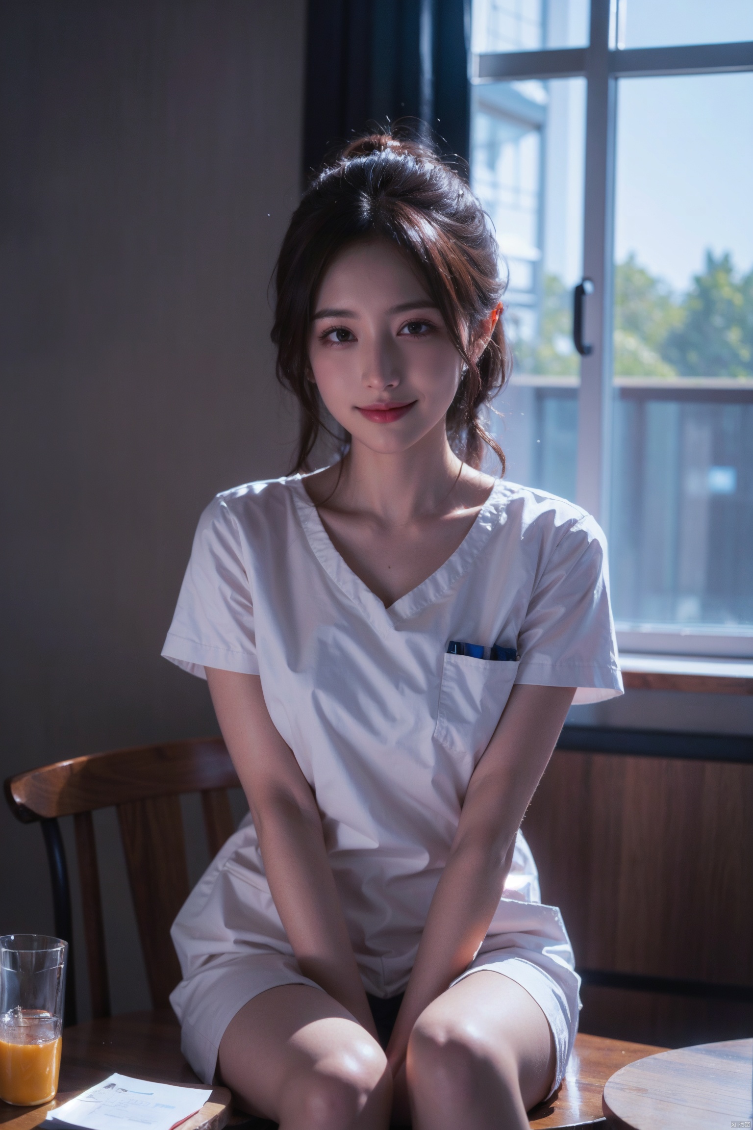 ((Best Quality)),ultra fine,4k,1girl,nurse uniform,red light particle skin,light particle coverage,sitting on the table,smiling at the camera's hook hand,big chest,one leg pressed on the other leg,one hand supported on the table,and the other hand extended towards the light particle particle,light particles covering the body,Light Particle Art,Light particle effects Light particle skin,Light particle energy fluid,Light particles covering the body,Light Particle Art,Light particle effects,1girl,Colorful Girl,