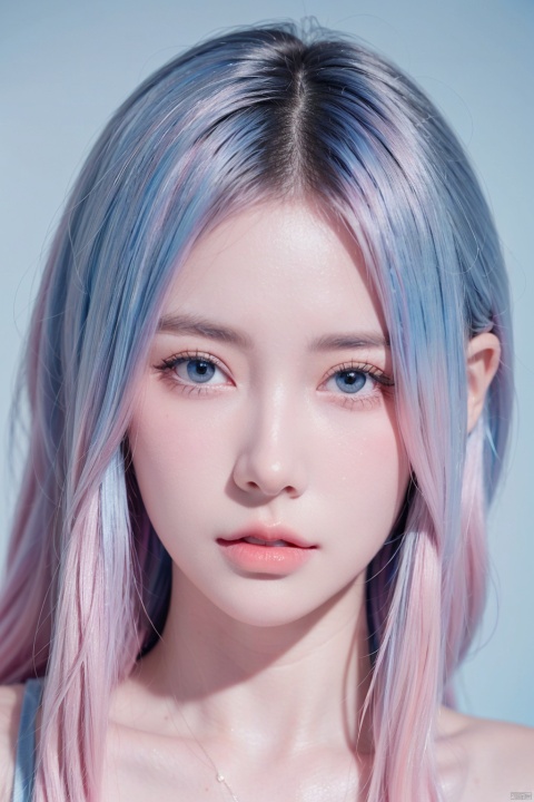 1girl, solo, xiaowu, BIG EYES, xxmix girl woman, <(masterpiece, realistic:1.3), (extremely intricate:1.2)>, portrait of a girl, sliver gradient hair, (sliver hair:1.1), (light blue hair:1.1), (pink hair:1.2), ((solid color background:1.3)), beautiful detailed glow, (detailed ice), beautiful detailed water, 