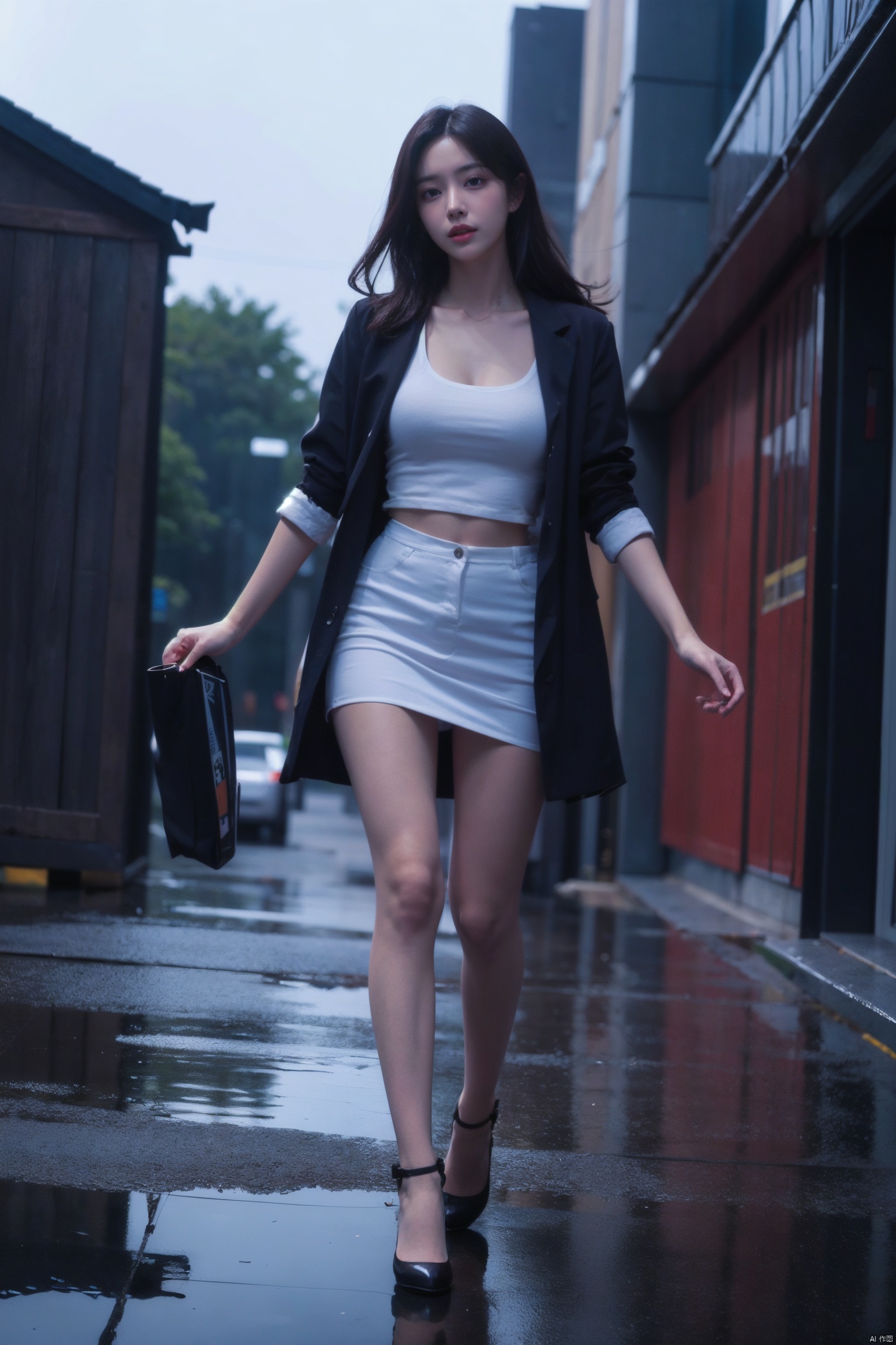 Realistic,Masterpiece,18 - year - old beautiful girl and monster,pearl - like eyes,extremely delicate facial depiction,heavy rain,crazy body movements,exaggerated perspective,poster,androgyny,fashion,dramatic lighting,strong tones,distortion style,32k UHD,chinese girls,(full_body:1.1),phone_screen, 
