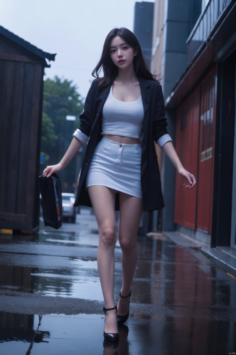 Realistic,Masterpiece,18 - year - old beautiful girl and monster,pearl - like eyes,extremely delicate facial depiction,heavy rain,crazy body movements,exaggerated perspective,poster,androgyny,fashion,dramatic lighting,strong tones,distortion style,32k UHD,chinese girls,(full_body:1.1),phone_screen, 