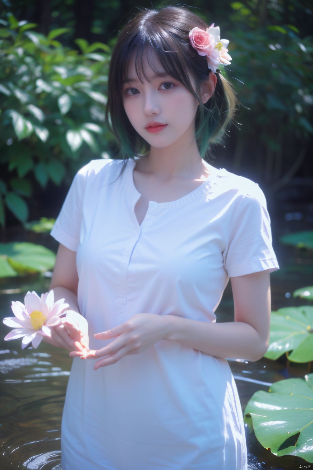 masterpiece,best quality,high quality,(colorful),[Artist onineko],[Artist chen bin],[Artist agwing86],[[Artist wlop]], 1girl, solo, petite, flower, white hair,green hair, dress, looking at viewer, holding, water, blue dress, pink flower, short sleeves, blush, shirt, holding flower, white shirt, closed mouth, petals, wading, lily pad, green eyes,symbol-shaped pupils, bangs, breasts,cross-shaped pupils, hair ornament, gradient hair, white dress, nahida (genshin impact), loli