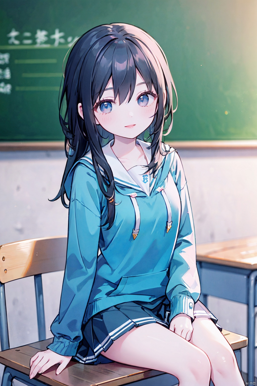  1 girl, Asian, long black hair, fuzzy, fuzzy background, color difference, depth of field, blue and white school uniform, hoodie, lips, long sleeves, looking at the audience, photo (center) , real, sitting in the classroom, blackboard, desk, book, Smile, Solo, solo, 1girl,moyou