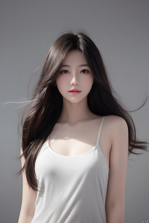  masterpiece, best quality, 1girl ,(( grey background)), long hair, floating hair,looking at viewers, happy, ((front)), (studio light),upper body,soft light, black and white,dark style, summer,