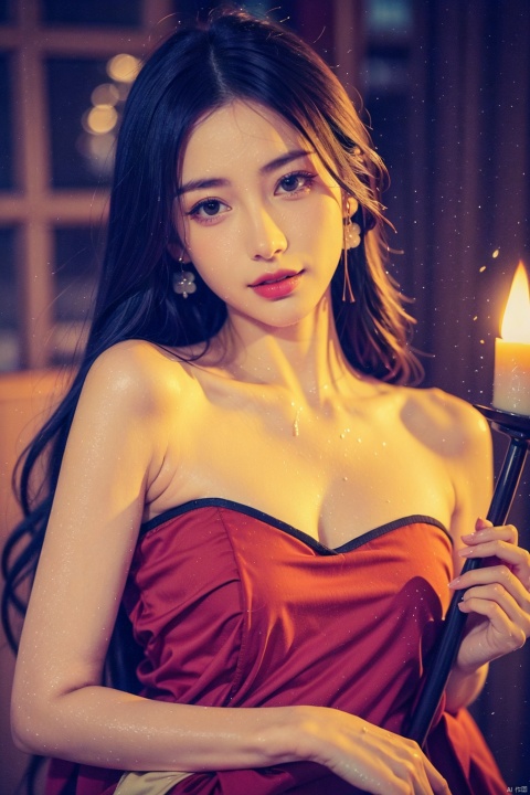 1girl,chinese hanfu,Bare shoulder, Lying on the ground,smile,Holding a big candle, Melting candles dripping onto the body,hair ornament,solo,flower,hair flower,candle,earrings,jewelry,black hair,black eyes,blurry,lips,red lips,looking at viewer,tassel,depth of field,makeup,realistic,(red_clothes:1.3),chinese clothes,
