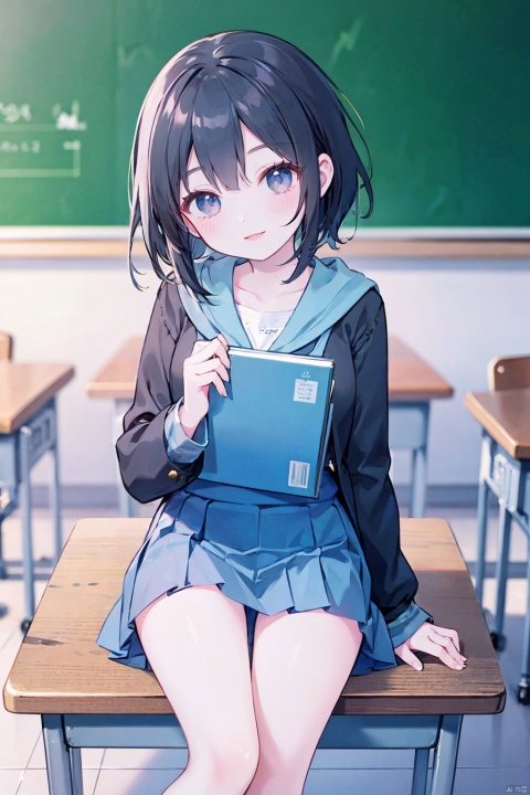  1 girl, Asian, long black hair, fuzzy, fuzzy background, color difference, depth of field, blue and white school uniform, hoodie, lips, long sleeves, looking at the audience, photo (center) , real, sitting in the classroom, blackboard, desk, book, Smile, Solo, solo, 1girl,moyou