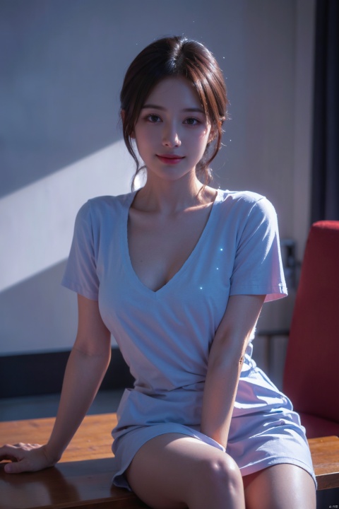 ((Best Quality)),ultra fine,4k,1girl,nurse uniform,red light particle skin,light particle coverage,sitting on the table,smiling at the camera's hook hand,big chest,one leg pressed on the other leg,one hand supported on the table,and the other hand extended towards the light particle particle,light particles covering the body,Light Particle Art,Light particle effects Light particle skin,Light particle energy fluid,Light particles covering the body,Light Particle Art,Light particle effects,1girl,Colorful Girl,