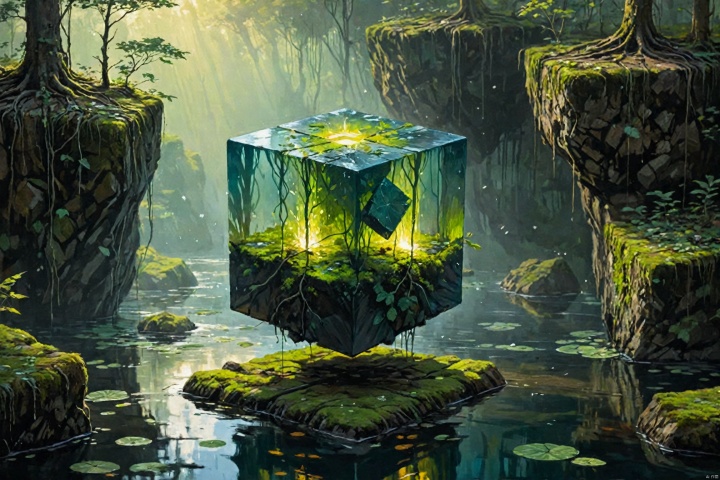  extremely detailed render, rough cube, floating, glowing elements, perfect environment, nature, oil paint by Greg Rutkowski, ink paniting