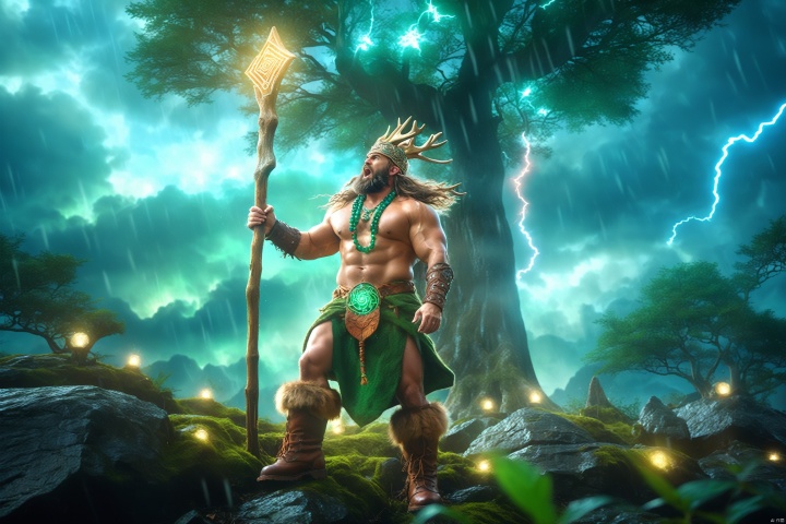  from below, a handsome male druid raising a wooden staff high above head, calliing for thunder, fur-lined outfit, exquisite emerald necklace, antler headdress, (looking up:1.2), open mouth, beefy, burly, masculine, (long beard), facial hair, hairy chest, fur boots, (raining:1.3), wet, thunder, (lightning filtering the cloudy sky), in a fairy forest, giant tree, glowing runes, (fantasy aura), (sombre ambience), otherworldly beauty, brutalism, volumetric lighting, vibrant colors, XL_light,