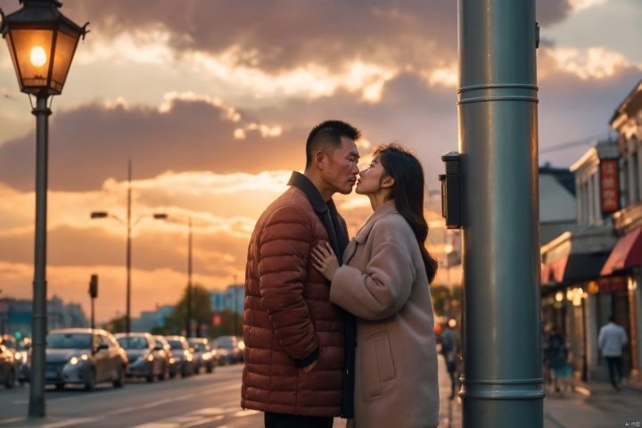  full body, a handsome Chinese daddy in fashionable jacket leaning against lamp pole on street, looking into distance, (tears), (melancholy:1.2), thick stubble, beefy, brutish, (sunset), light filtering cloudy sky, lost soul, lovers kissing each other, bokeh, (sombre ambience), volumetric lighting,