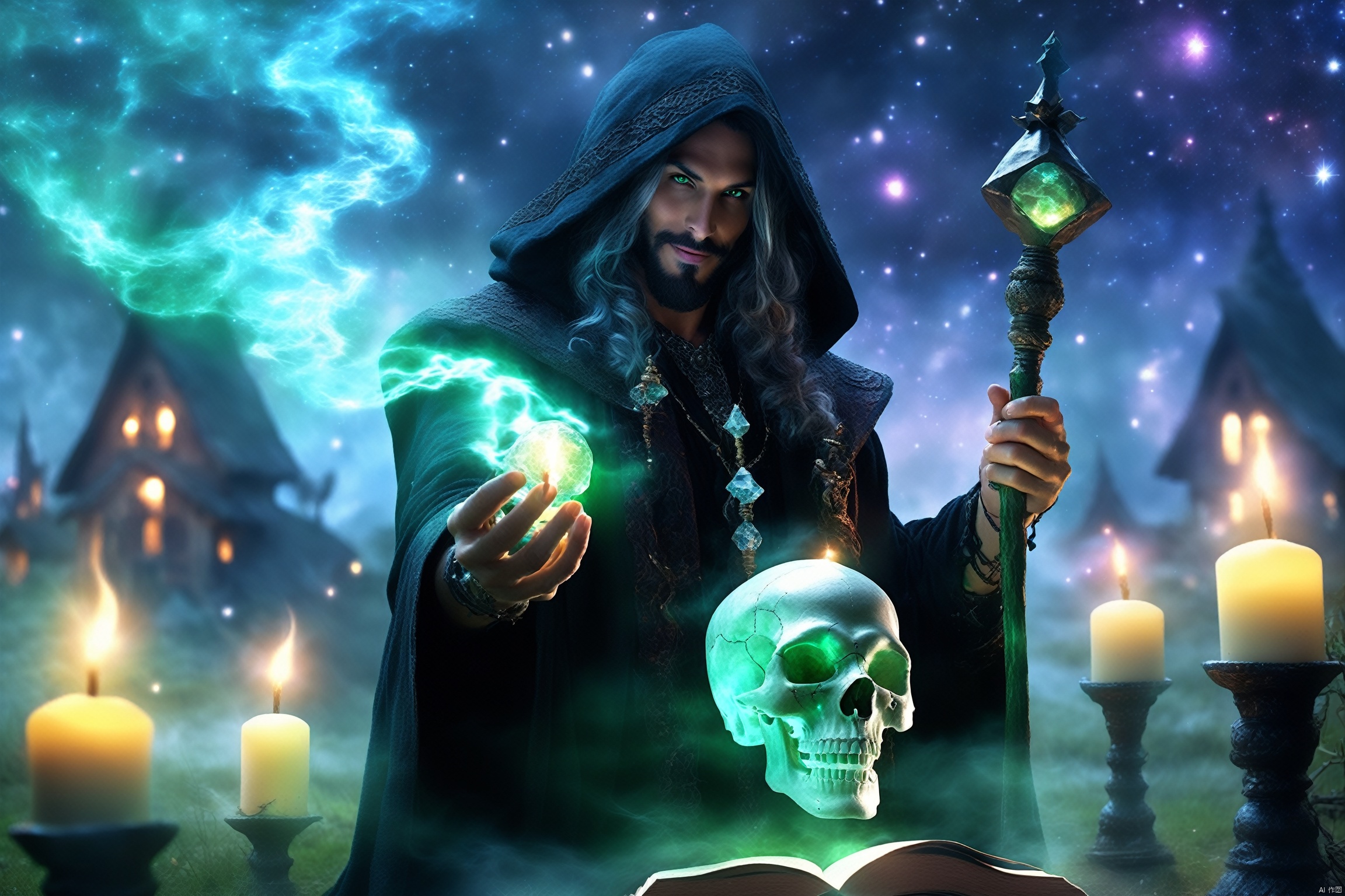 a vicious yet handsome necromancer holding a crystal skull while wielding a glowing magic wand, (looking at viewer:1.2), (evil smile), (hood:1.2), exquisite dark robe with intricate embroidery and mysteriou runes, facial hair, outdoors, green fog, in a ritual site, skeleton, books, starry night, (gloomy ambience), candle lighting, light splash, ethereal, mysterious, (fantasy aura)