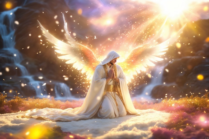  side view, handsome male Angel with two full-fledged ethereal wings woven from strands of light, kneeling down while praying on a exquisite white carpet, looking up, (elegant white robe with intricate golden lining), (hood:1.2), (exquisite sapphire necklace), blonde, masculine, facial hair, beefy, silky boots with intricate embroidery, waterfall, (flying petals in the air), holy light filtering twilight sky, pigeon, rainbow, (fantasy aura), (mysterious ambience), volumetric lighting, vibrant colors, XL_light,