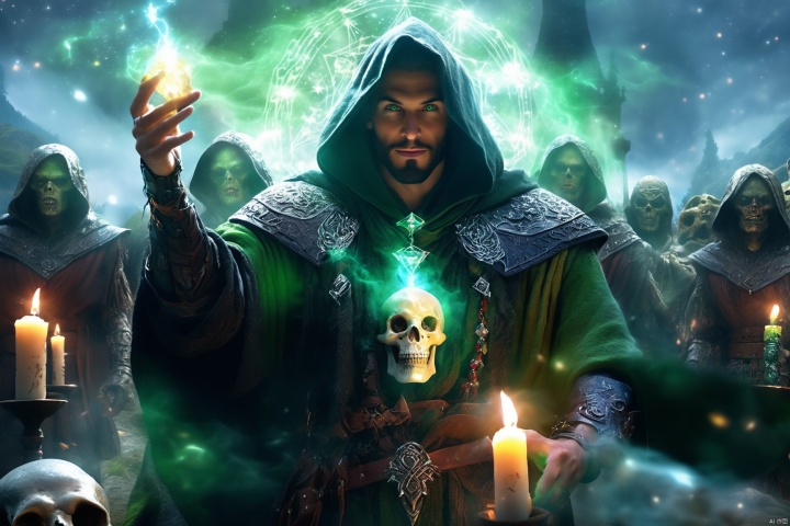 a vicious yet handsome necromancer holding a crystal skull while wielding a glowing magic wand, surrounded by armored Zombie_warriors, (looking at viewer:1.2), (evil smile), (hood:1.2), exquisite dark robe with intricate embroidery and mysteriou runes, facial hair, outdoors, green fog, in a ritual site, skeleton, books, starry night, (gloomy ambience), candle lighting, light splash, ethereal, mysterious, (fantasy aura)