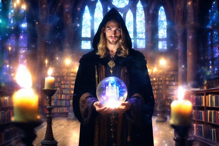  a handsome young wizard holding a crystal globe with (word "Anatoly"), light splash, (looking at viewer:1.2), (evil smile), (hood:1.2), exquisite dark robe with intricate embroidery and mysteriou runes, blonde, facial hair, indoors, in a library, window, books, medieval high towers in the backdrop, starry night, (gloomy ambience), candle lighting, mysterious, (fantasy aura)