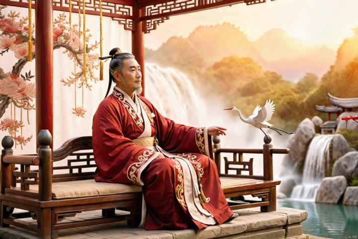  Chinese old priest sitting on an elegant wooden bench beside a dancing crane, looking into the distance, masculine, thinking seriously, (black long hair:white hair:0.6), bun, (facial hair), (floating long beard:1.2), (exquisite dark red robe with golden embroidery), (bulging pectorals), (Tang dynasty), in a tranquil valley, jasmine, oriental architecture, majestic waterfall, water splashes, (cherry petals flying in the air:1.2), (sunset), sunrays filtering (twilight sky), volumetric lighting, harmony between human and nature, dramatic, aesthetic, atmospheric, photorealistic, vibrant colors, {bokeh}, intricate details, XL_nightsky