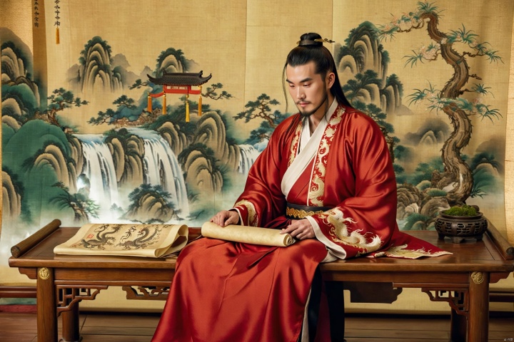  knee shot, handsome Chinese Taoist priest reading a parchment-like scroll beside a elegant wooden table, (looking at viewer), thinking, (black long hair), bun, facial hair, (floating long beard), dark red robe with golden dragon embroidery, (hairy chest:1.2), (bulging pectorals), covered nipples, in a serene valley, daisy, waterfall, oriental architecture, greenery, gentle and blurry lighting, dramatic, bara, vibrant colors, bokeh, intricate details, Diwang, Scenery