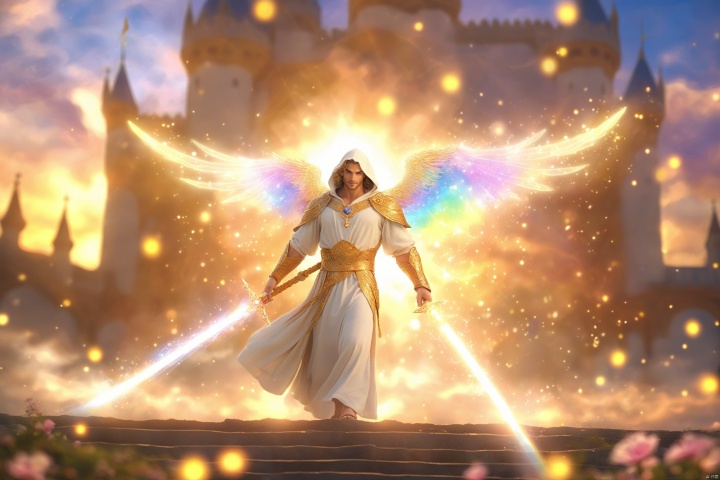  full body solo,a handsome male Angel with two full-fledged (radiant) wings, standing while raising a (energy sword) high above head, (elegant white robe with intricate embroidery and golden lining), (hood:1.25), (exquisite sapphire necklace), (smile:0.8), blonde, facial hair, (bulging pectorals), (flying petals in the air), sandles, in a celestial palace, medieval cityscape below, holy light filtering twilight sky, (fantasy aura), rainbow, (mysterious ambience), volumetric lighting, vibrant colors, XL_light