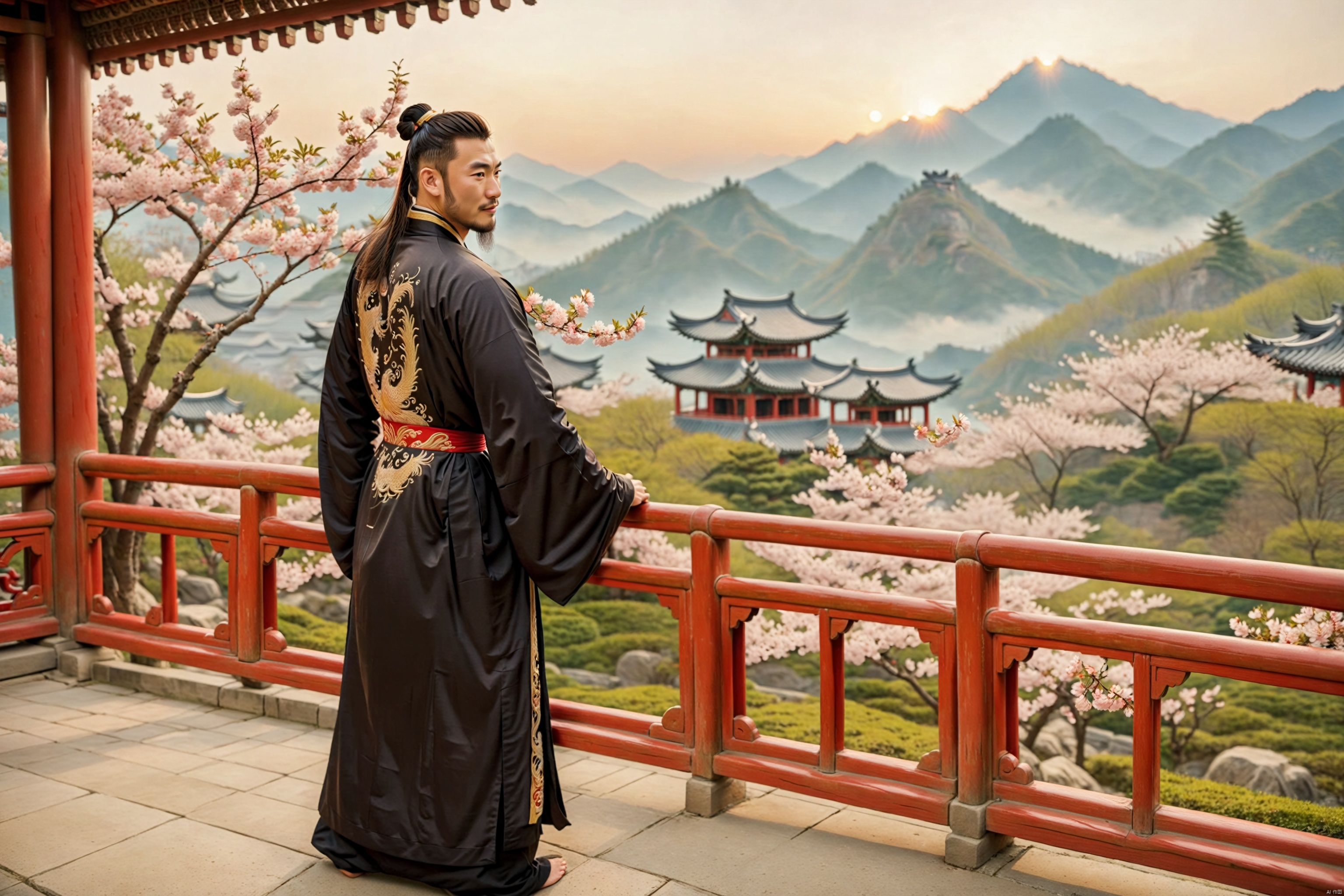  solo, back view, full body, handsome Chinese emperor leaning against red wood rail in a corridor while (looking back at viewer:1.3), 38 y.o., brutish, beefy, (bulging pectorals), masculine, (mysterious smile:0.8), facial hair, (long hair), bun, (floating long beard:1.2), (exquisite black robe with intricate golden embroidery), (hairy chest), thighs, bara, gentle and blurry lighting, vibrant colors, outdoors, (sunset), cherry blossoms, {petals flying in the air}, mountainous horizon, misty valley, elegant, greenery, aesthetic, atmospheric, Tang dynasty, scenery,