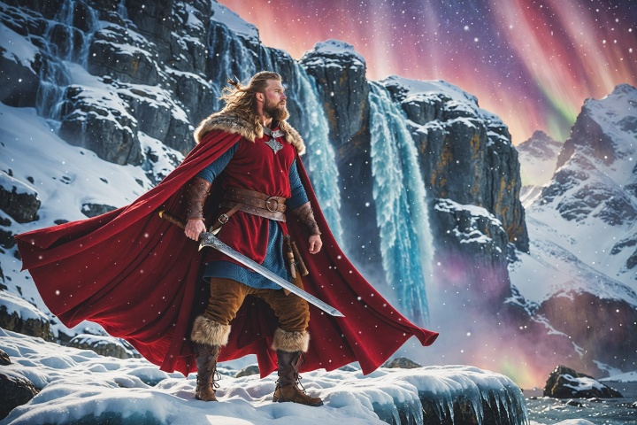  knee shot, solo, a handsome Viking warrior standing while raising a sword high above head, heroic stance, (looking up), (fur-lined red long cloak floating in the cold wind), neat stubble, hairy body, (medium hair), (bulging pecs), (puffy nipples), thighs, in a battlefield, majestic frozen waterfall, mountain rage, winter, frozen lake, scenery, bokeh, (snowing:1.3), gentle lighting, erotic, bara, vibrant colors, (chubby:0.4), erotic, (nighty ambience), starry sky, (colorful aurora), XL_light,