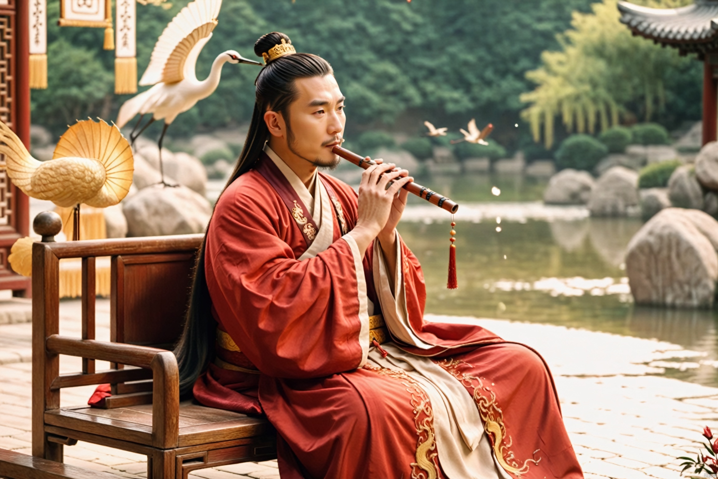  knew shot, Chinese old priest sitting on an elegant wooden bench while holding a flute horizontally, music performance, concentrated mind, looking into the distance, masculine, thinking seriously, (black long hair:white hair:0.6), bun, (facial hair), (floating long beard:1.2), (exquisite dark red robe with golden embroidery), (bulging pectorals), a dancing crane in the background, Tang dynasty, in a tranquil valley, jasmine, oriental architecture, majestic waterfall, water splashes, (cherry petals flying in the air:1.2), (sunset), sunrays filtering (twilight sky), volumetric lighting, harmony between human and nature, dramatic, aesthetic, atmospheric, photorealistic, vibrant colors, {bokeh}, intricate details, XL_nightsky