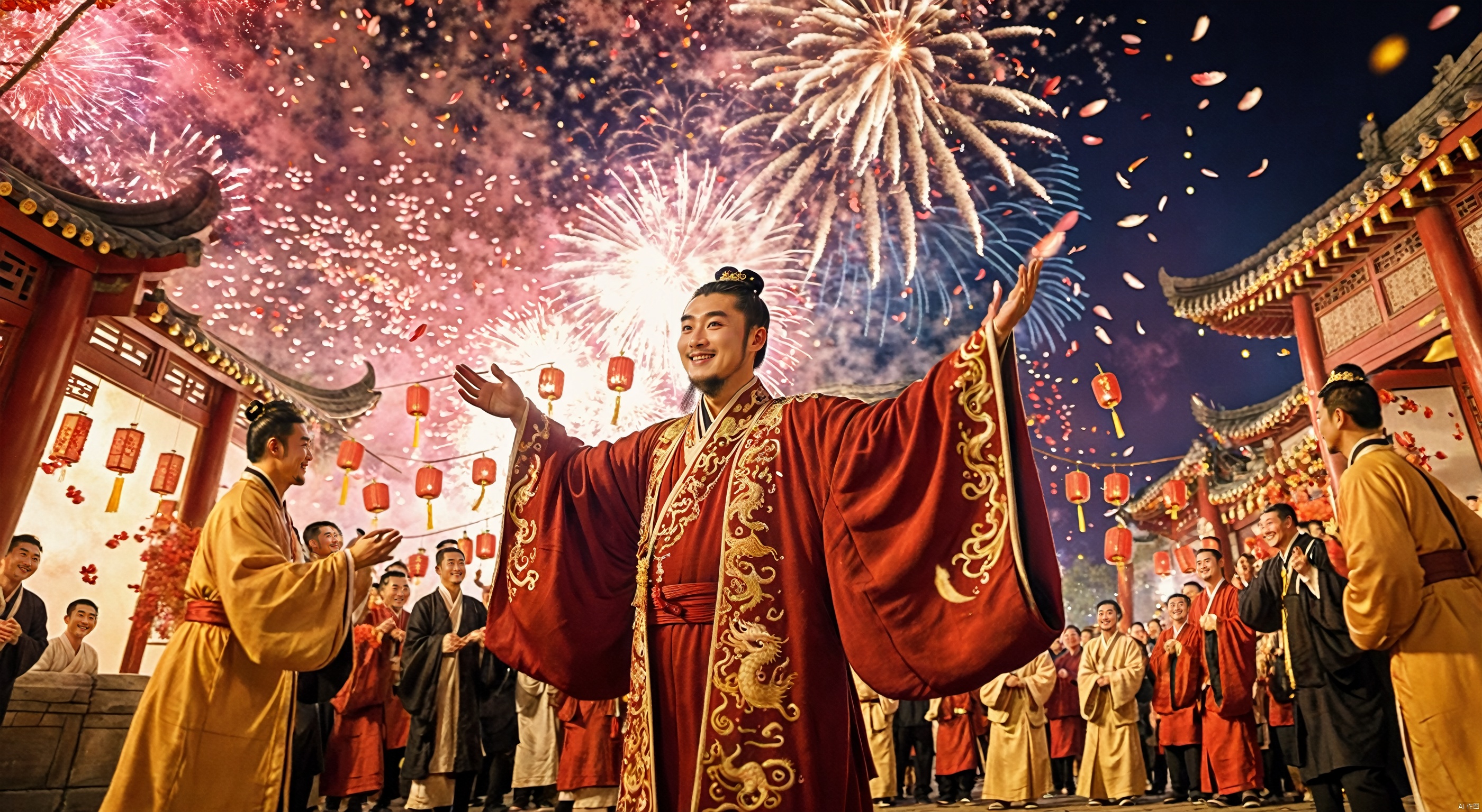  from below, handsome Chinese emperor reaching out hands, looking up, masculine, smile, (black long hair), bun, (facial hair), (floating long beard:1.2), (exquisite dark red robe with golden embroidery), (bulging pectorals), (Tang dynasty), on ancient Changan street, festival euphoria, (fireworks in nighty sky), [lanterns], oriental architecture, (cherry petals flying in the air:1.2), (dark ambience), gentle and blurry lighting, dramatic, aesthetic, atmospheric, vibrant colors, {bokeh}, intricate details, XL_nightsky