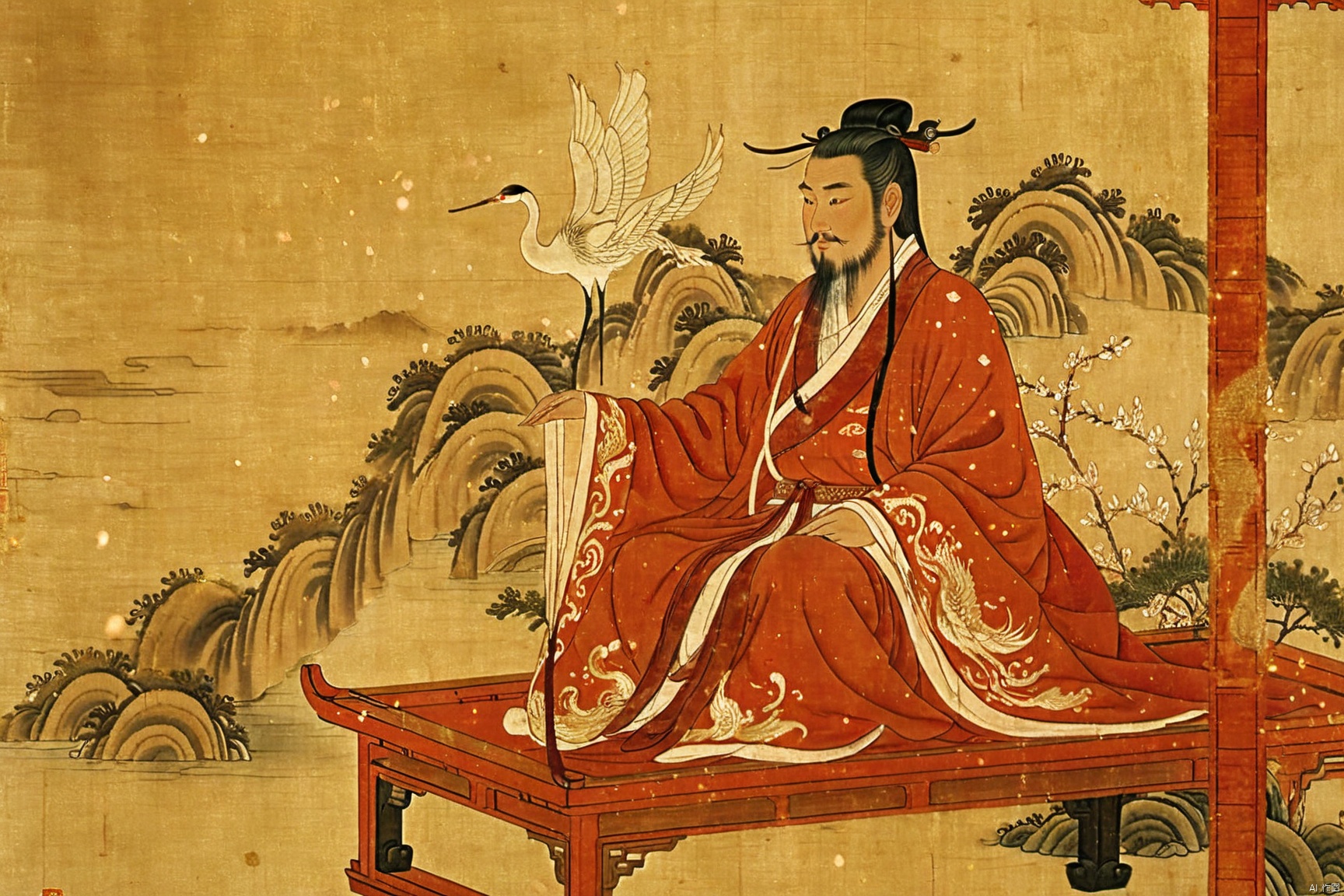  Chinese old priest sitting on an elegant wooden bench beside a dancing crane, looking into the distance, masculine, thinking seriously, (black long hair:white hair:0.6), bun, (facial hair), (floating long beard:1.2), (exquisite dark red robe with golden embroidery), (bulging pectorals), (Tang dynasty), in a tranquil valley, jasmine, oriental architecture, majestic waterfall, water splashes, (cherry petals flying in the air:1.2), (sunset), sunrays filtering (twilight sky), volumetric lighting, harmony between human and nature, dramatic, aesthetic, atmospheric, vibrant colors, {bokeh}, intricate details, XL_nightsky