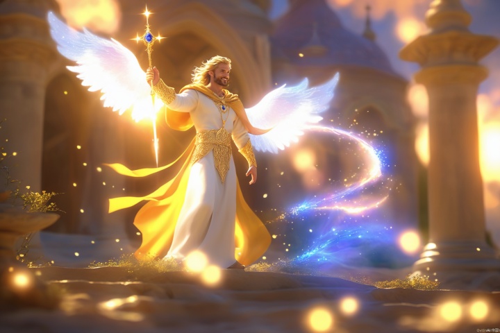  full body, solo, handsome male Angel with two full-fledged ethereal wings woven from strands of light, standing while raising a (energy sword), (elegant white robe with intricate golden lining), (hood:1.2), (exquisite sapphire necklace), (smile:0.8), beefy, blonde, facial hair, silky boots with intricate embroidery, (flying petals in the air), holy light filtering twilight sky, palace, crystal_pillar, (fantasy aura), (mysterious ambience), volumetric lighting, vibrant colors, XL_light