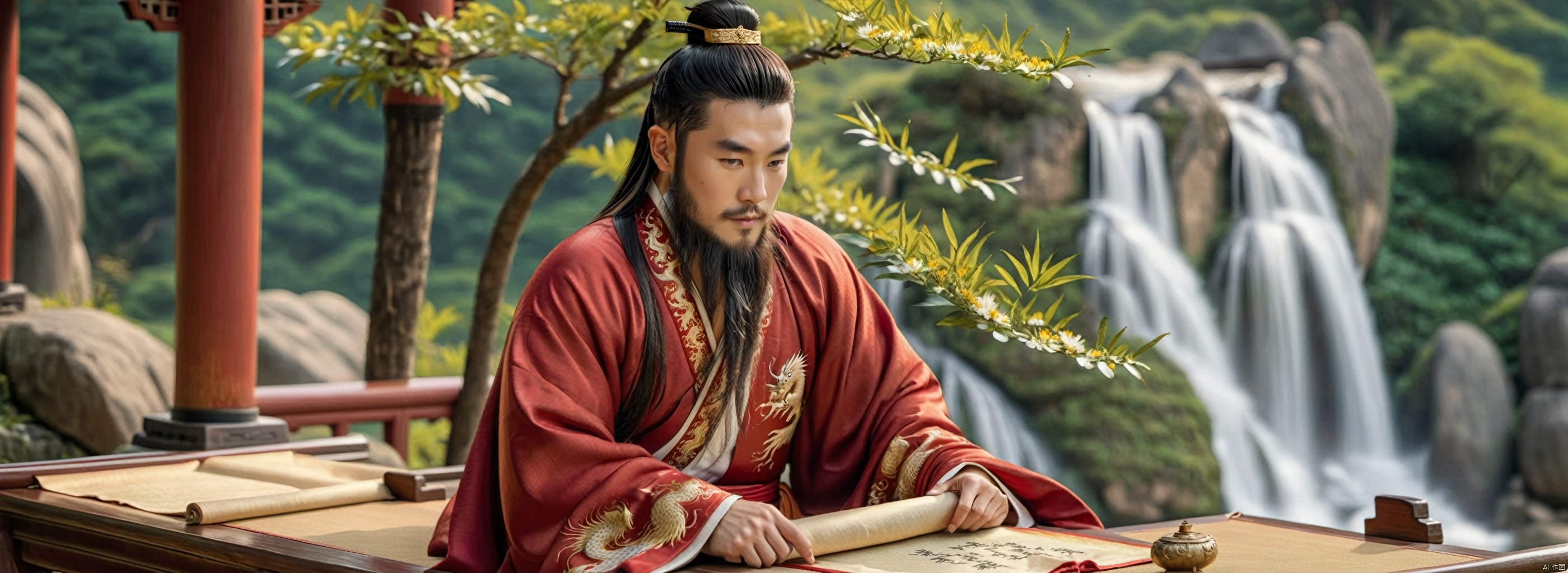  solo, knee shot, handsome Chinese Taoist priest reading a parchment-like scroll beside a elegant wooden table, (looking at viewer), thinking, (black long hair), bun, facial hair, (floating long beard), dark red robe with golden dragon embroidery, (hairy chest:1.2), (bulging pectorals), covered nipples, in a serene valley, daisy, waterfall, oriental architecture, greenery, gentle and blurry lighting, dramatic, bara, vibrant colors, bokeh, intricate details, Diwang, Scenery