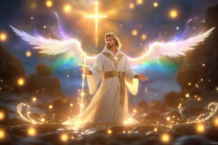  foreshortening, handsome male Angel with two full-fledged wings woven from strands of light, standing, (reaching out hand) to the viewer, holding a glowing cross in one hand, (elegant white robe with intricate golden lining), (hood:1.2), (exquisite sapphire necklace), blonde, masculine, facial hair, beefy, silky boots with intricate embroidery, waterfall, (flying petals in the air), holy light filtering twilight sky, rainbow, (fantasy aura), (mysterious ambience), volumetric lighting, vibrant colors, XL_light,