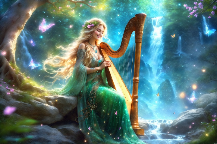 a beautiful female druid playing exquisite harp adorned with floral vines, fur-lined outfit, (hood:1.3), (exquisite green gem necklace), smile, cleavage, blonde, (hood:1.2), elegant long hair, fur boots, (starry nighty sky), silver moon, (gloomy ambience), giant tree, majestic waterfall, water splashes, flowery field, butterflies in the air, glowing runes, (fantasy aura), harmony between human and nature, otherworldly beauty, light splashes, volumetric lighting, vibrant colors,