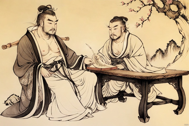 solo, a Chinese bodybuilder in magnificent hanfu with intricate embroidery, reading a scroll while sitting beside an exquisite wooden table, (hand on chiseled face), big eyes, thick eyebrows, (concentrated mind), (long cloak floating in the wind), chest_hair, shirtless, muscular, handsome, (bulging pectorals:1.2), facial_hair, puffy nipples, body_hair, bara, thighs, male_pubic_hair, leg_hair, thick_thighs, eastern architecture, majestic moutains, sunset, waterfall, cherry blossomes, pines, parchment-like background, monochrome, (Chinese black ink painting), (linearts:1.3), 