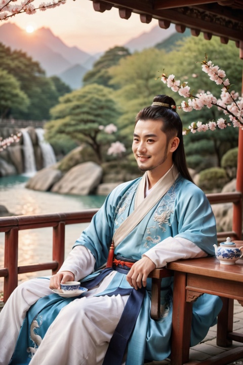  knee shot, handsome Chinese general sitting beside a wooden table, looking into the distance, tea cup, smile, (neat beard), long hair, bun, beefy, exquisite silky hanfu with dragon_embroidery, (open chest), (bulging pectorals), soft lighting, eastern architecture, water fall, shimmering lake, flowers, mountain, cherry blossoms, (sunset:1.2), bokeh, intricate details, atmospheric, aesthetic, Diwang, HanFu Man,