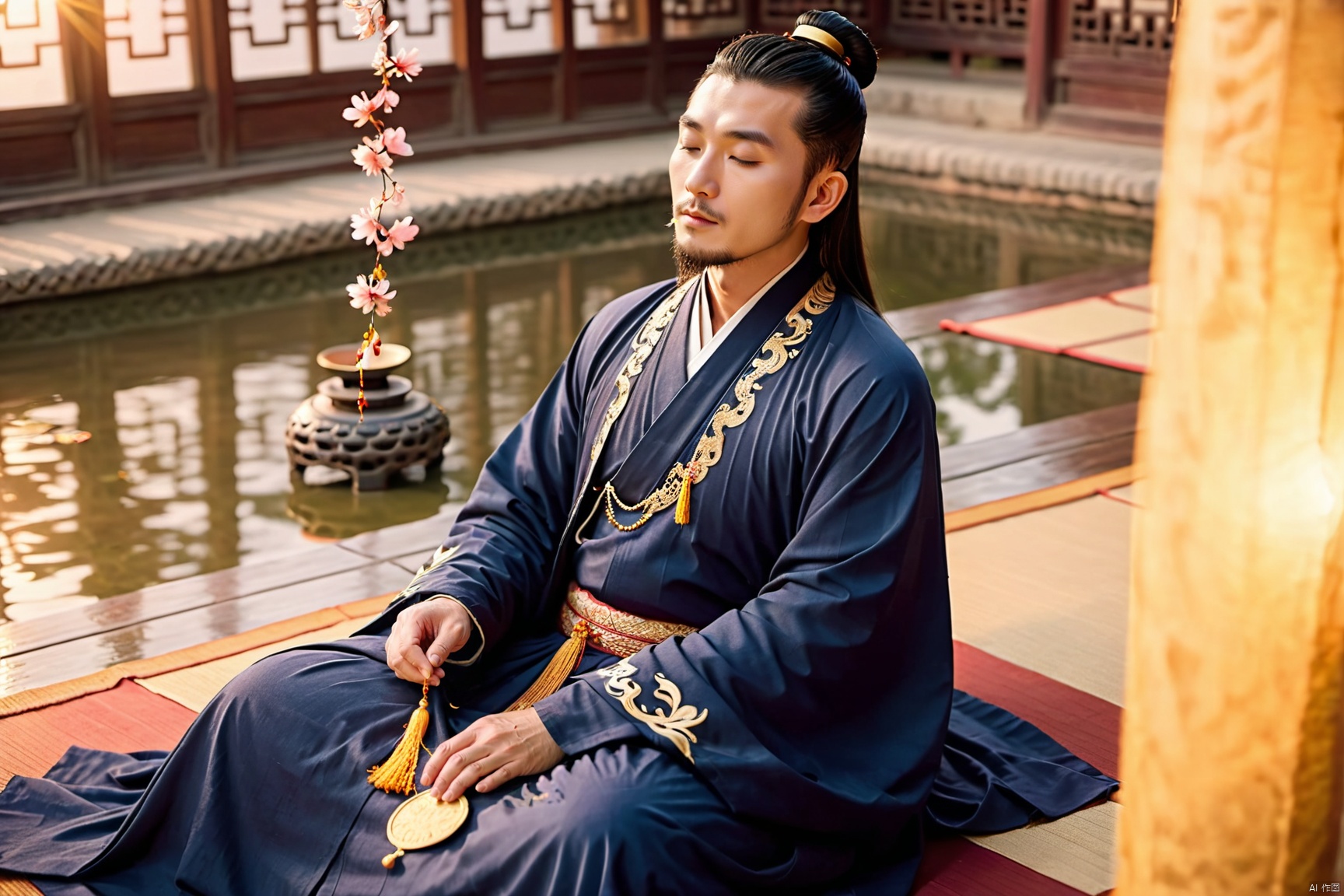  knew shot, Asian old priest holding beads while sitting on an elegant mat, meditation, praying, closed eyes, masculine, serious expression, (black long hair:white long hair:0.7), bun, (facial hair), (floating long beard:1.2), (exquisite dark robe with golden embroidery), Tang dynasty, in a tranquil valley, oriental architecture, light reflection, (cherry petals flying in the air:1.2), (sunset), crane soaring in (twilight sky), lotus_pool, Buddha statue, (misty and holy ambience:1.2), volumetric lighting, harmony between human and nature, dramatic, aesthetic, vibrant colors, {bokeh}, XL_nightsky,