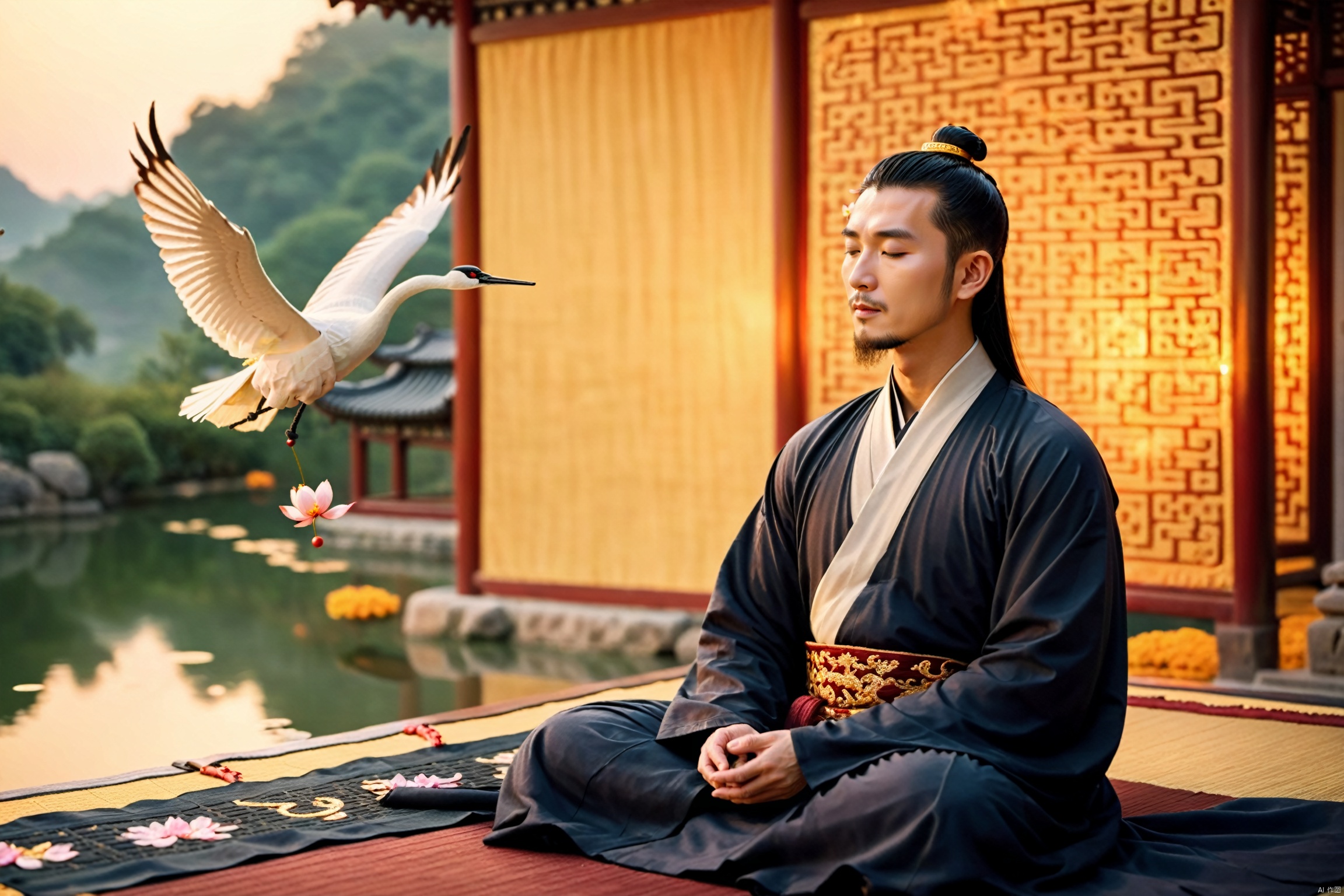  knew shot, Asian old priest holding beads while sitting on an elegant mat, meditation, praying, closed eyes, masculine, serious expression, (black long hair:white long hair:0.7), bun, (facial hair), (floating long beard:1.2), (exquisite dark robe with golden embroidery), Tang dynasty, in a tranquil valley, oriental architecture, light reflection, (cherry petals flying in the air:1.2), (sunset), crane soaring in (twilight sky), lotus_pool, Buddha statue, (misty and holy ambience:1.2), volumetric lighting, harmony between human and nature, dramatic, aesthetic, vibrant colors, {bokeh}, XL_nightsky,